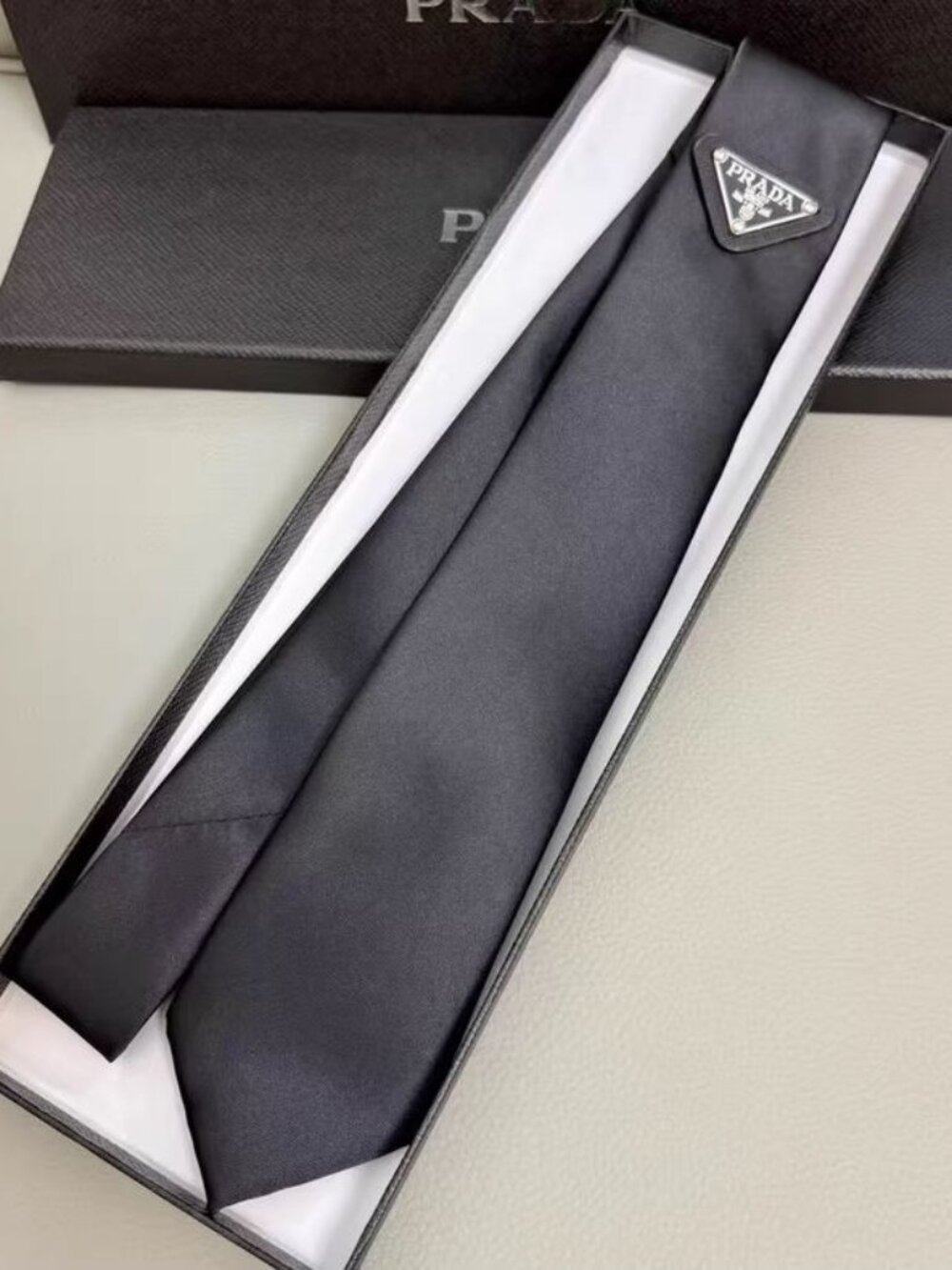 Prada Black Silk Tie with Logo Plaque